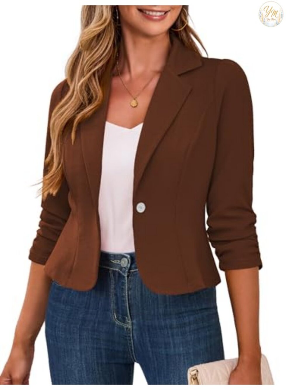 Cropped Blazer 3/4 Ruched Sleeve Business Casual Women's